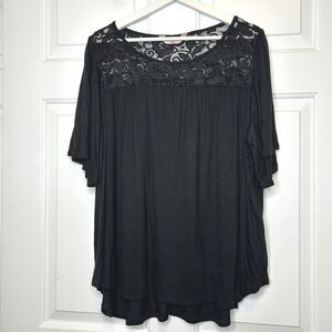 SJS Plus Size 1X Black Lace Flutter Sleeve Blouse Top